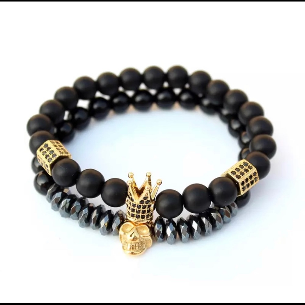 Gold color Matte Stone Beads Skull Set Crown Bracelets